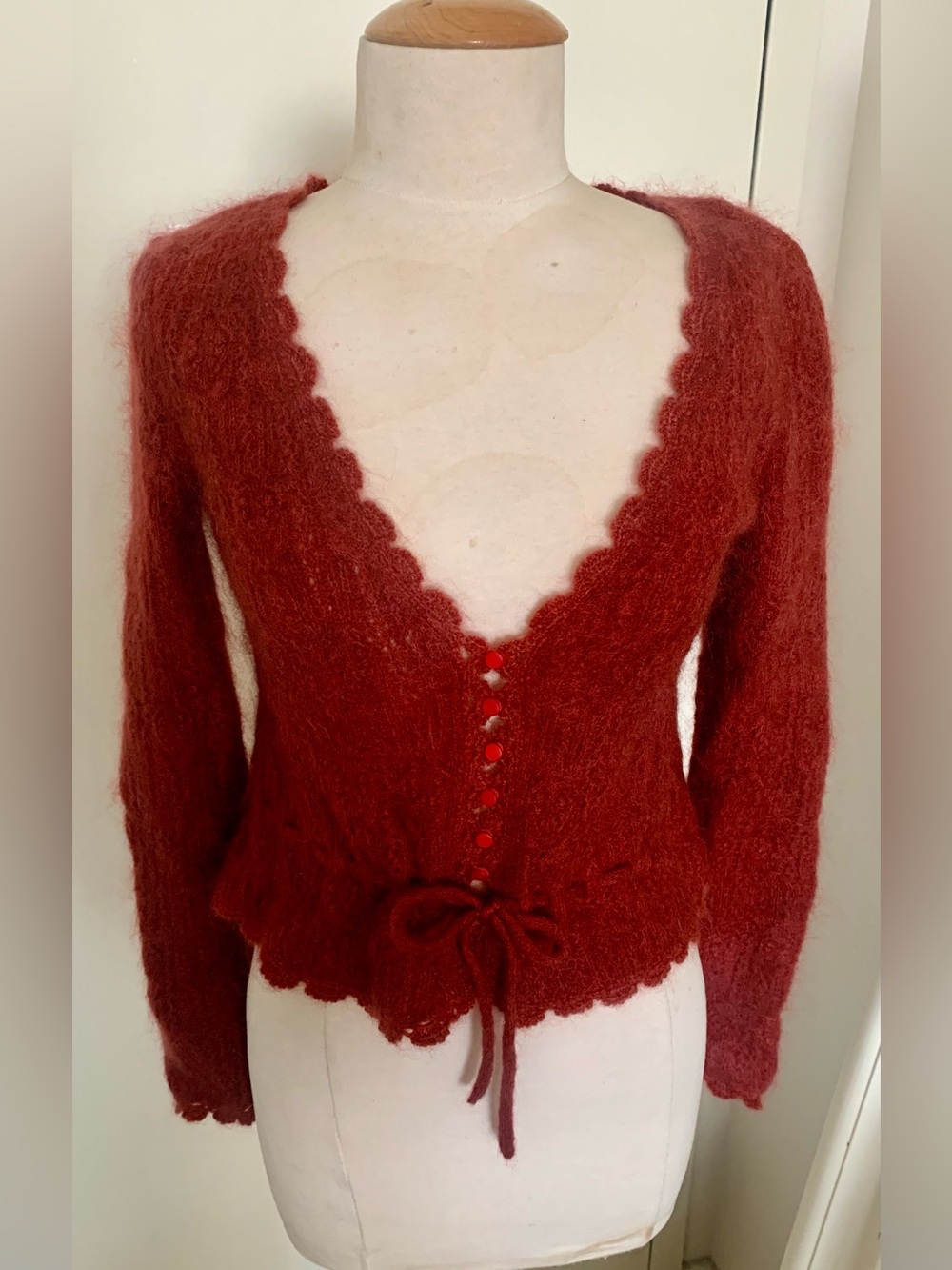⭐️Sèzane Women's Scallop-Edge Mohair Blend Red Cardigan⭐️
